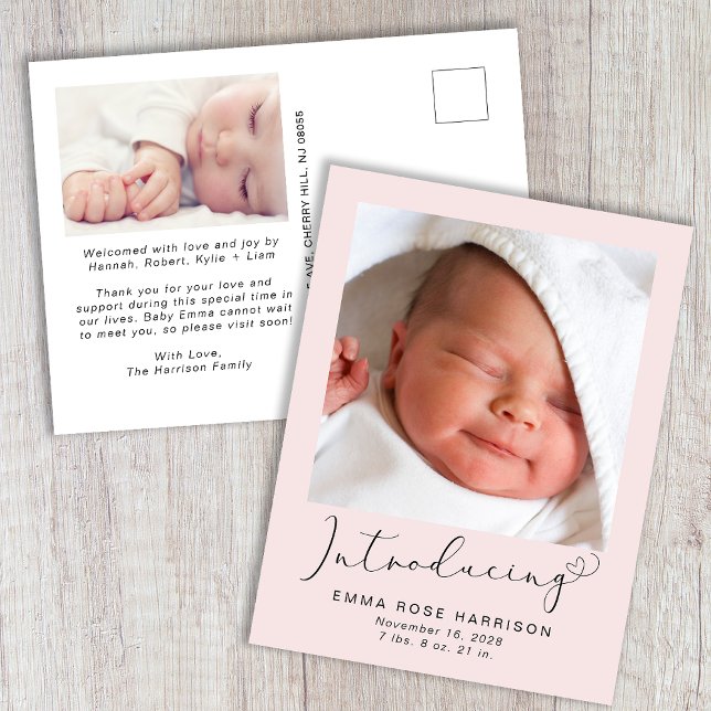 Introducing Photos Pink Baby Girl Birth Announcement Postcard (Creator Uploaded)