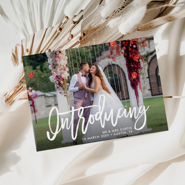 INTRODUCING | rustic script wedding Announcement Postcard (Creator Uploaded)