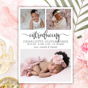 Introducing Script Baby Girl Photo Collage Birth Announcement