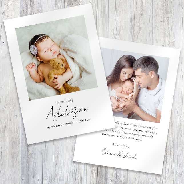 Introducing Script Photo Birth Stats New Baby Thank You Card (Creator Uploaded)