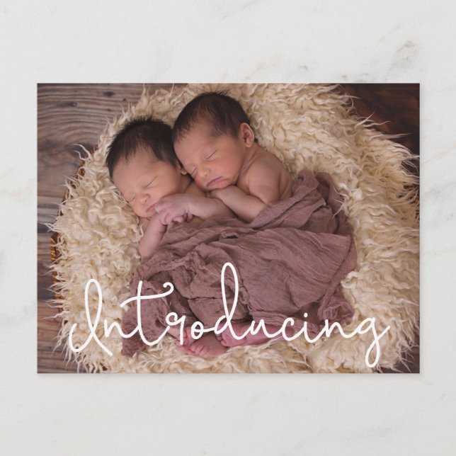 Introducing Script Twin baby Birth Announcement Postcard (Front)