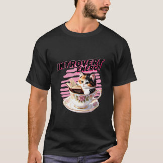 Introvert Energy Book Lover Cat in Tea Cup T-Shirt