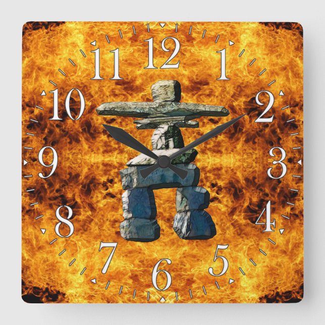 Inukshuk & Fire Native American Spirit Stones Square Wall Clock (Front)