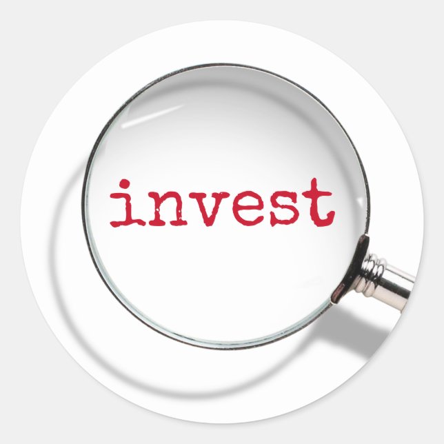 Invest Text Under Magnifying Glass Classic Round Sticker (Front)