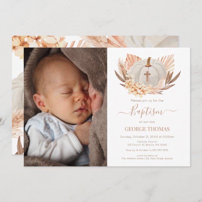 Invitación Baptism Boho white Pumpkin Photo Invita Invitation (Front/Back)