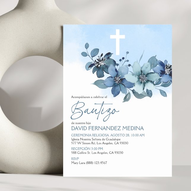 Invitacion Bautizo Blue Flowers Elegant Baptism Invitation (Creator Uploaded)