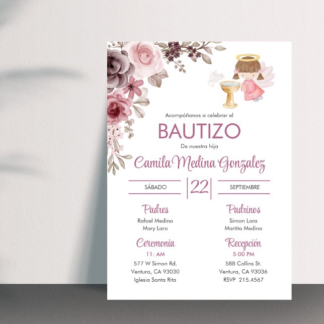 Invitacion Bautizo Cute Flowers Girl Angel Baptism Invitation (Creator Uploaded)
