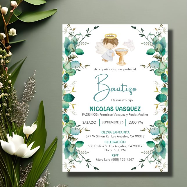 Invitacion Bautizo Cute leaves Boy Angel Baptism Invitation (Creator Uploaded)