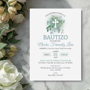 Invitacion Bautizo Green Leaves Elegant Baptism Invitation
