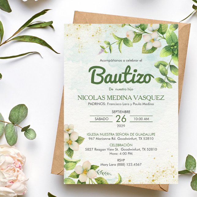 Invitacion Bautizo Green Leaves & Flowers Baptism Invitation (Creator Uploaded)