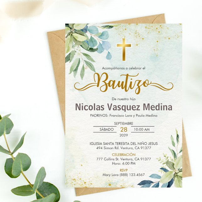 Invitacion Bautizo Green Leaves Religious Baptism Invitation (Creator Uploaded)