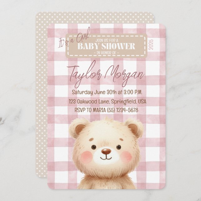 Invitación Blue Gingham Teddy Bear Invitation (Front/Back)