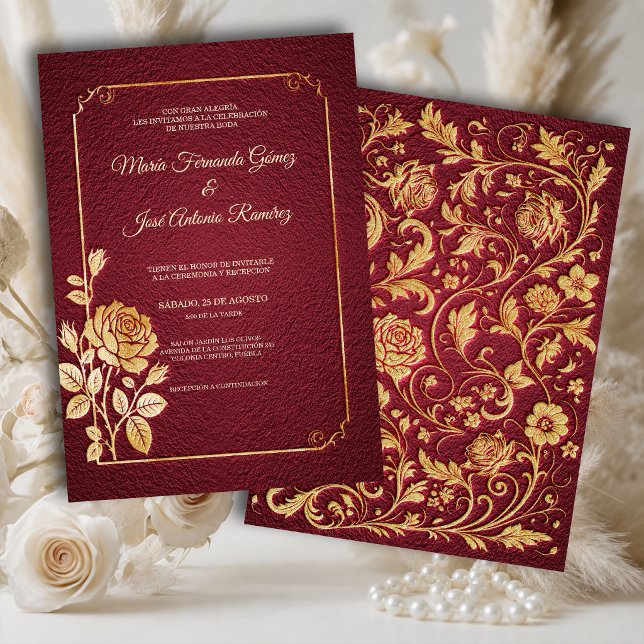  Invitación Boda Marsala Dorada Rosas Invitation (Creator Uploaded)