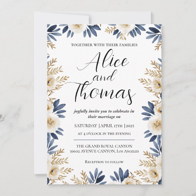 Invitación Boda Primavera Elegante Floral BlueGold Invitation (Front)