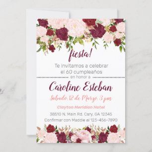Invitación Burgundy and pink floral birthday invi Invitation