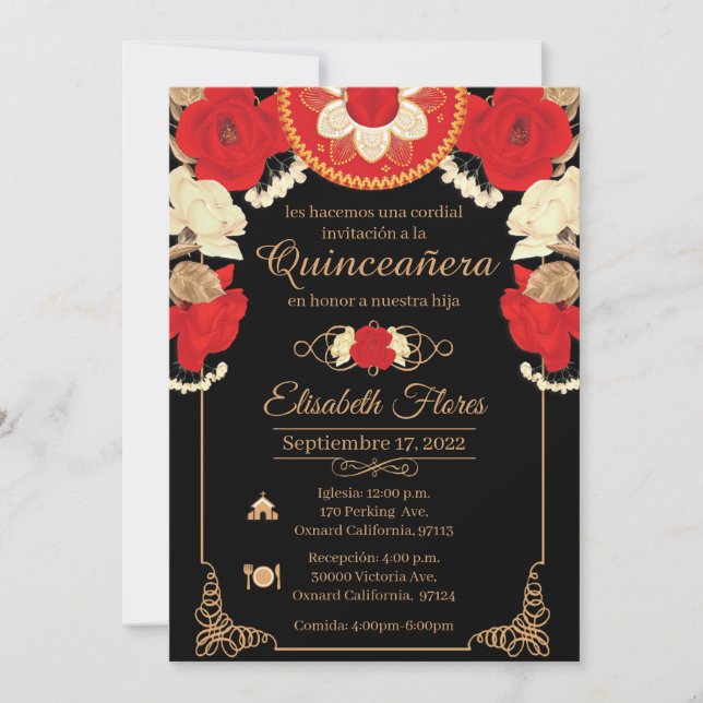 Invitacion Charro Invitation, Red, Black and Gold Announcement (Front)