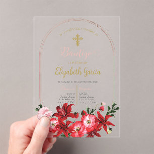 Invitación con flor roja para bautismo acrylic invitations
