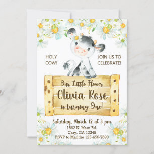 Invitación Cow and daisies girl 1st first birthday Invitation