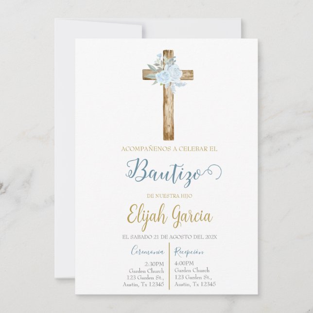 Invitación de bautismo floral azul en español invi invitation (Front)
