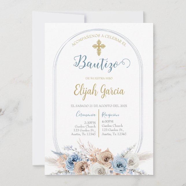 Invitación de bautismo floral azul en español invi invitation (Front)