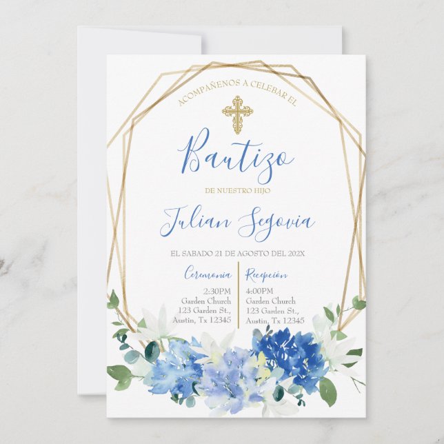 Invitación de bautismo floral azul en español invitation (Front)