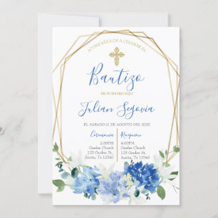 Invitación de bautismo floral azul en español invitation