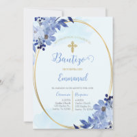 Invitación de bautismo floral azul en español