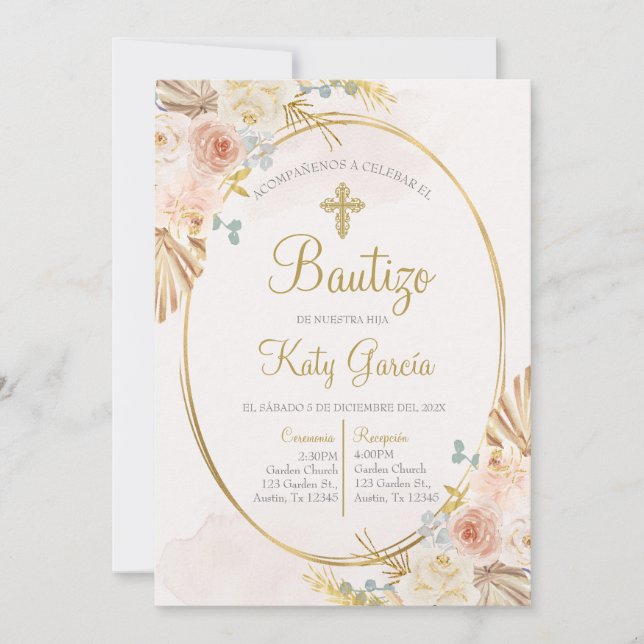 Invitación de bautismo floral boho en español invitation (Front)