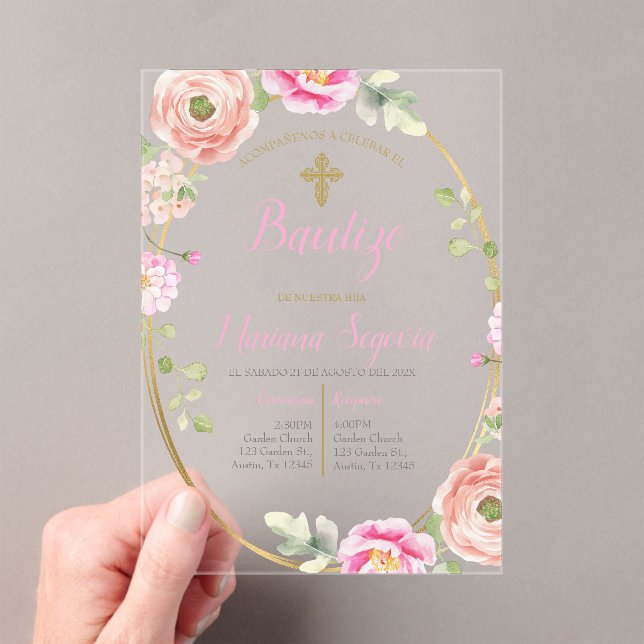 Invitación de bautismo floral rosa en español acrylic invitations (Insitu (Handheld))