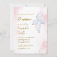 Invitación de bautismo para niña con paloma blanca