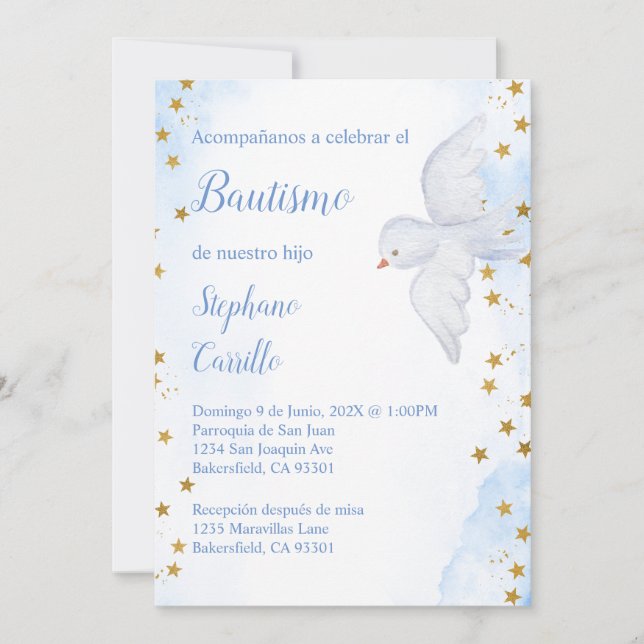 Invitación de bautismo para niño con paloma blanca invitation (Front)