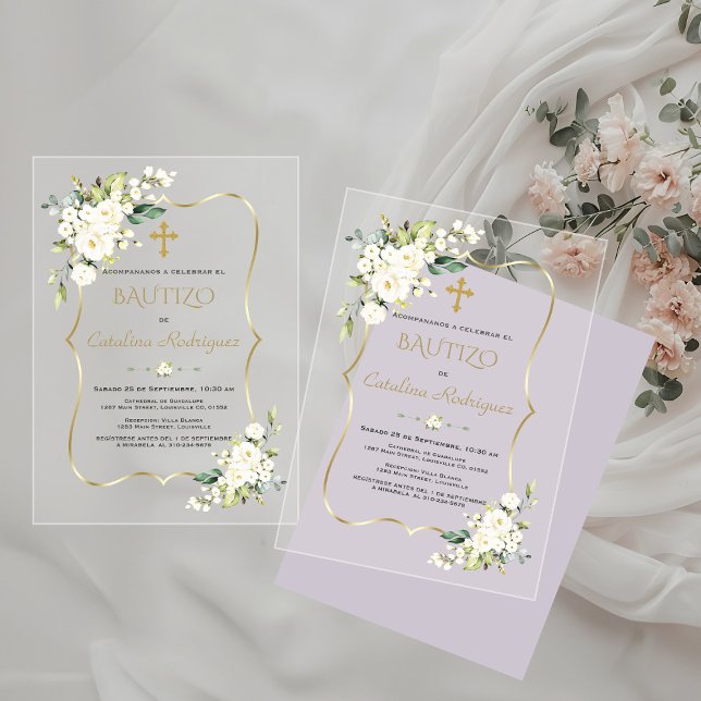 Invitacion De Bautizo Con Flores Gold Baptism  Acrylic Invitations (Creator Uploaded)