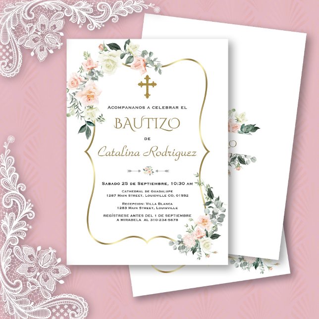 Invitacion De Bautizo Con Flores Gold Baptism Invitation (pink white flowers bautizo invite, trendy modern  elegant floral gold bautizo invitation, spanish )