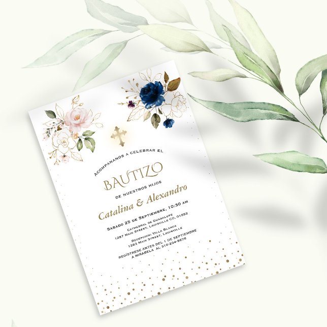 Invitacion De Bautizo Con Flores Twins Baptism  Invitation (Creator Uploaded)