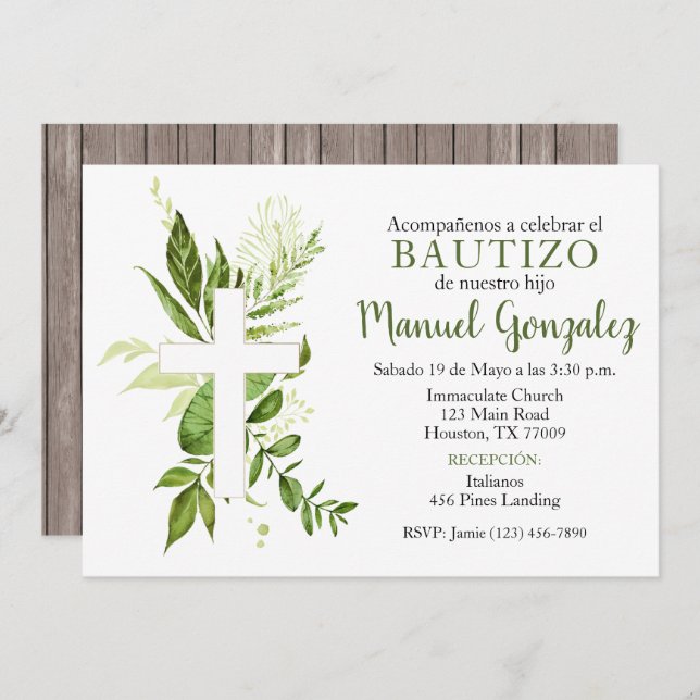 Invitación de Bautizo de Niño Verde con Cruz Invitation (Front/Back)