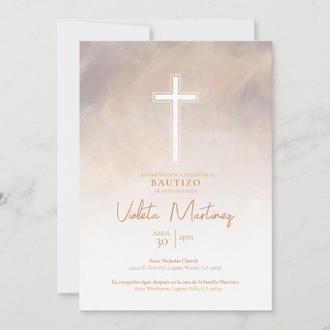 Invitación de Bautizo Morado Spanish Invitation (Front)