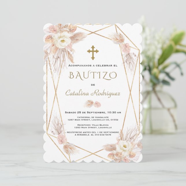 Invitacion De Bautizo Pampas Grass Gold Baptism Invitation (Standing Front)