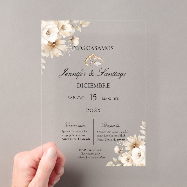 Invitación de boda con flor blanca acrylic invitations (Insitu (Handheld))
