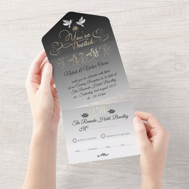 invitación de boda elegante con corazones all in one invitation (Tearaway)
