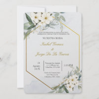Invitacion de boda en espanol con flor blanca