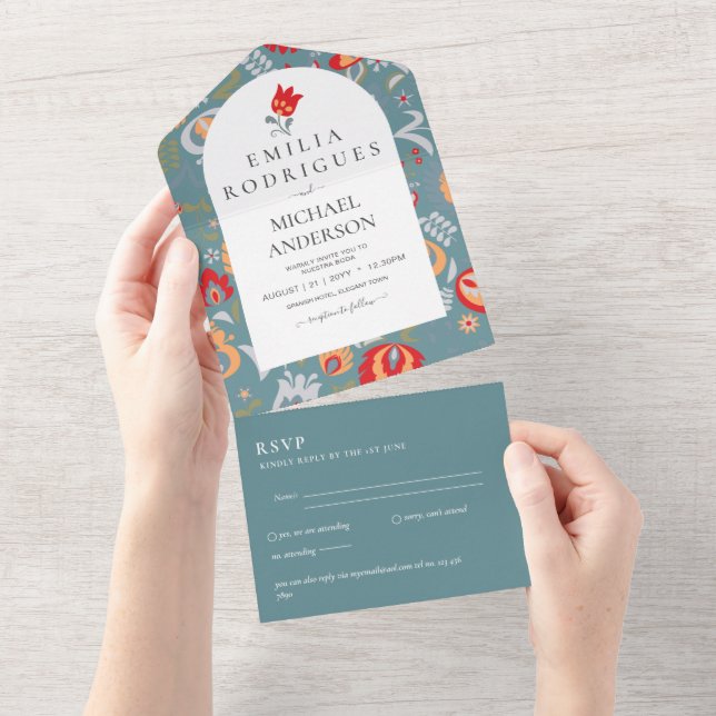 Invitación de Boda Español Inglés Rsvp FOLKART  All In One Invitation (Tearaway)