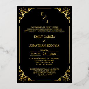 Invitación de boda negro y oro gold foil