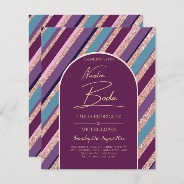 Invitación de boda púrpura turquesa oro Spanish  (Front/Back)