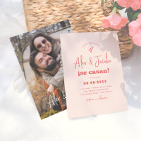 Invitación de Boda Retro Setentera Rosa y Rojo
