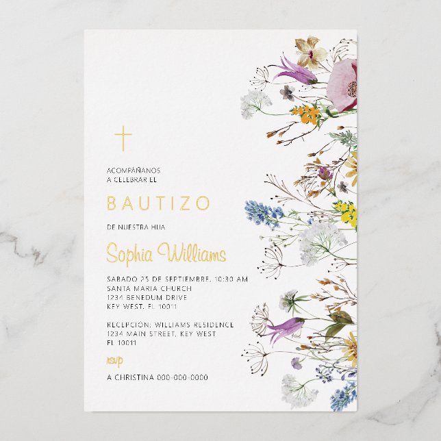 Invitación de Flores Silvestres para Bautizo (Front)