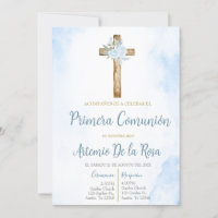 Invitación de primera comunión floral azul 