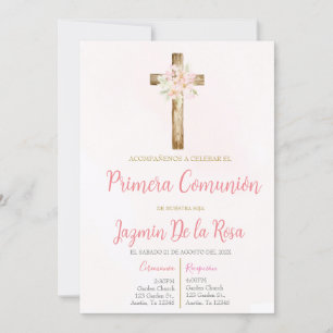 Invitación de primera comunión floral rosa  invitation