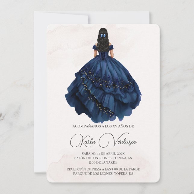 Invitación de quinceañera con vestido azul marino invitation (Front)
