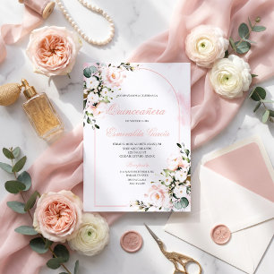 Invitación de Quinceañera Floral Rosa Acuarela Invitation