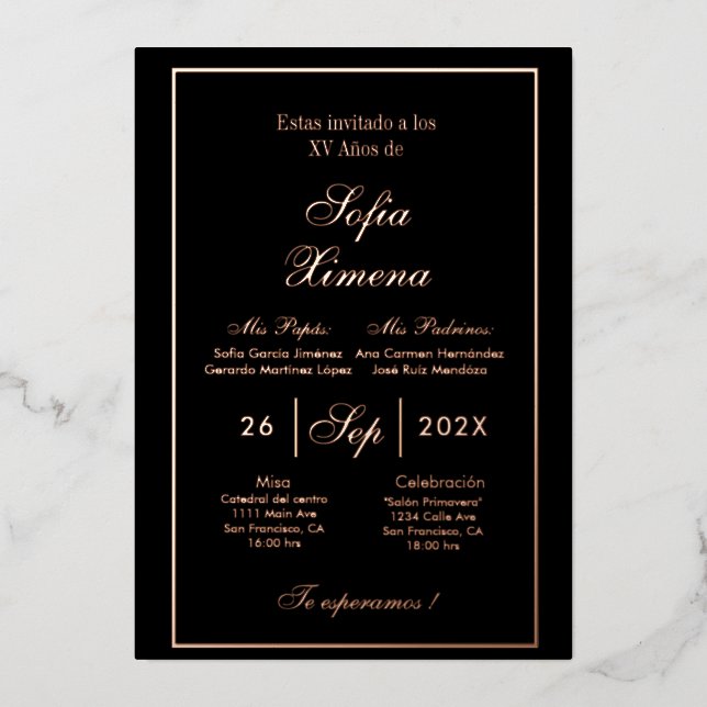 Invitación de quinceañera gold foil (Front)